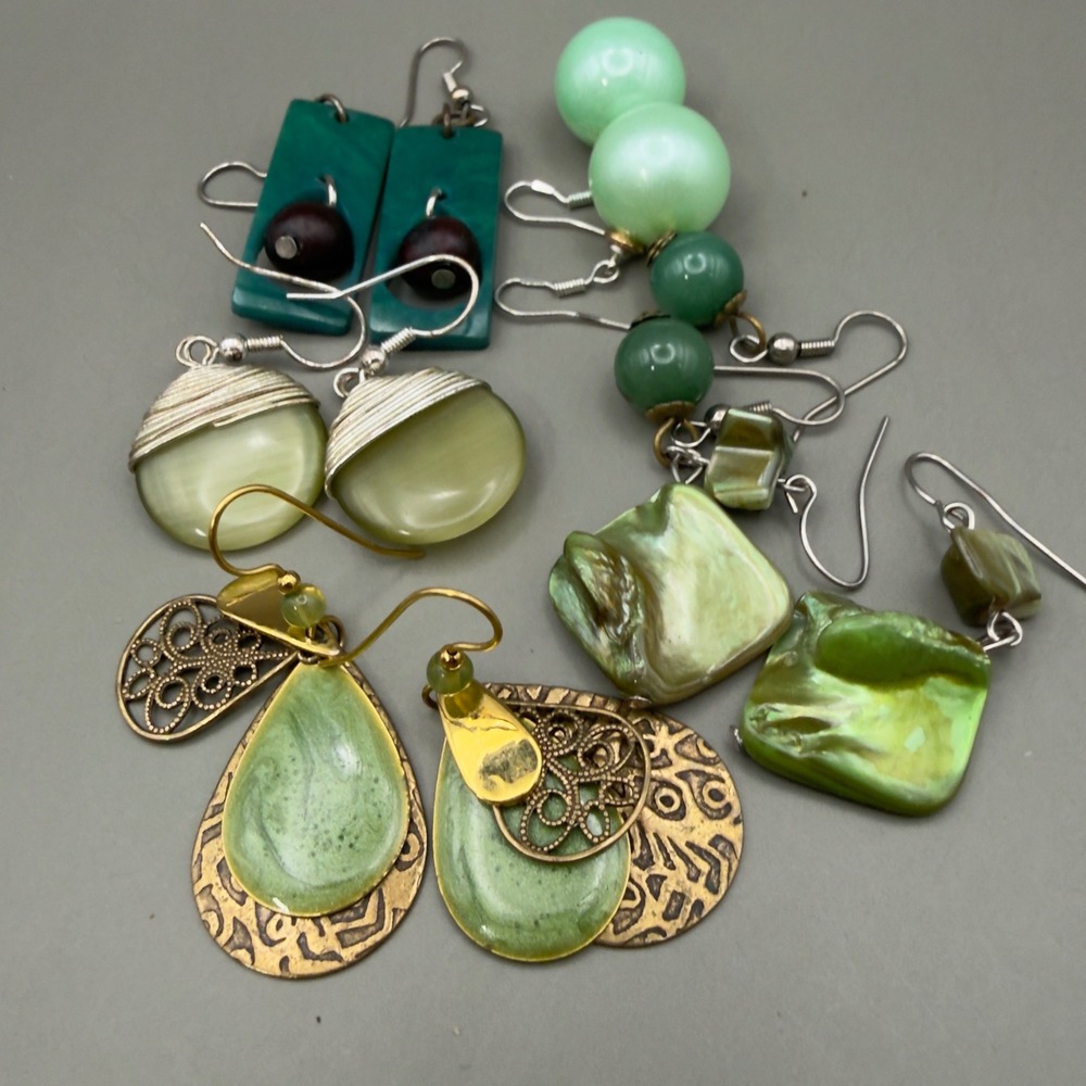 Green Fashion Earrings Shell Wire Wrapped Boho Dangle Drop Set Lot of 6 Pairs